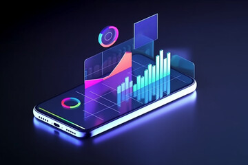 An Isometric Design of a Mobile Phone Application Displaying Graphs and Analytics Data, Symbolizing the Concepts of Analysis Trends, Software Development Coding Process. (Generative AI) 