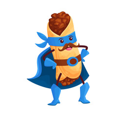 Cartoon tex mex burrito superhero character. Funny vector mexican food super hero comics book personage, wrap with minced meat in cape and mask. Isolated powerful fairy tale meal mustached defender