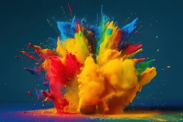 Colourful paint splashes, Coloured powder explosion. Paint holi, Mix rainbow splash on isolated colourful background - Generative AI Illustration