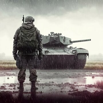 Soldier and his tank, raining in open field, war image