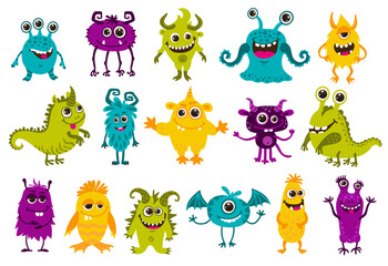 Cartoon monster characters. Cute comic Halloween joyful personages set. Isolated vector funny devils, goblins, ugly aliens, kawaii smiling creatures. Mutants with horns, flippers, fangs, eyes, tongues © Buch&Bee