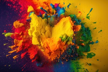Colourful paint splashes in the shape of a love heart, Coloured powder explosion. Paint holi, Mix rainbow splash on isolated colourful background - Generative AI Illustration