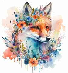 Watercolor red fox portrait with wild flowers on white background, colorful painting. Realistic animal illustration. Created with Generative AI technology.
