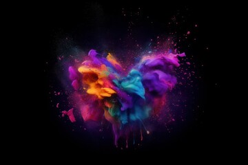 Obraz na płótnie Canvas Colourful paint splashes in the shape of a love heart, Coloured powder explosion. Paint holi, Mix rainbow splash on isolated black background - Generative AI Illustration