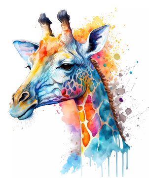 Watercolor cute giraffe portrait colorful painting. Realistic wild animal illustration. Created with Generative AI technology.
