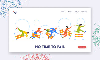 Fail Landing Page Template. Characters Falling Over An Obstacles During Race Symbolizing Hurdles In Entrepreneurship