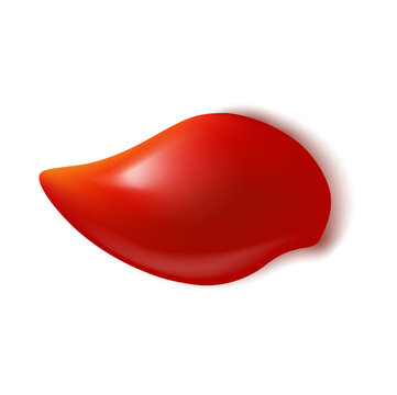 Red ketchup stain or splash, isolated vector blob of vegetable paste. Bbq or salsa gravy splat, single textured smear. 3d food condiment realistic splatter drop