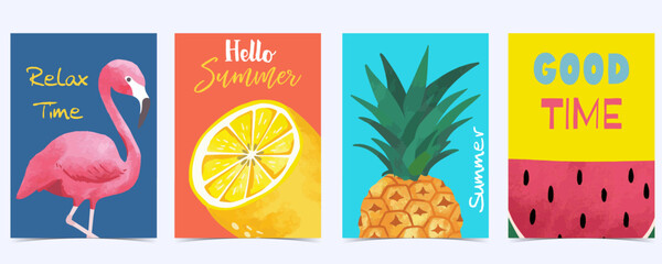 Collection of summer background set with pineapple,flamingo,watermelon.Editable vector illustration for invitation,postcard and website banner © piixypeach