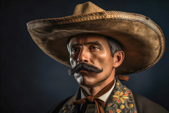Portrait of a Mexican Soldier in Traditional 19th Century Attire with Mustache and Sombrero on Solid Studio Background - Generative AI