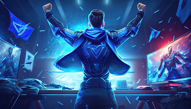 Professional ESports Gamer Rejoices In The Victory And Blue Game Room Background. Generate Ai.