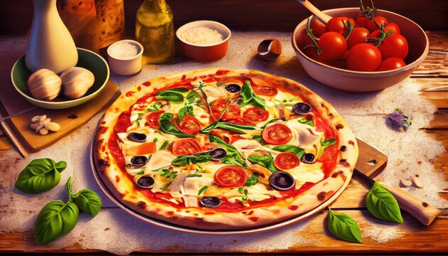 Delicious pizza on the table in a restaurant, Italian cuisine. Generate Ai.