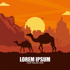 Fototapeta na wymiar Camel riding designed on sunset background graphic vector