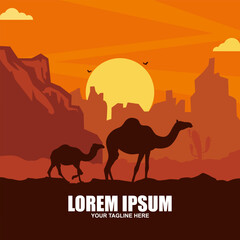 Camel riding designed on sunset background graphic vector