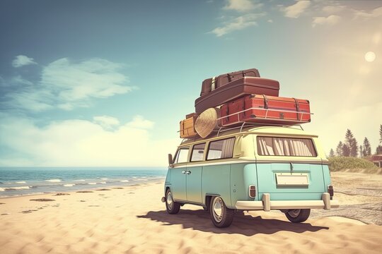 Retro vehicle with luggage and luggage on roof fully packed for summer holiday. Generative AI