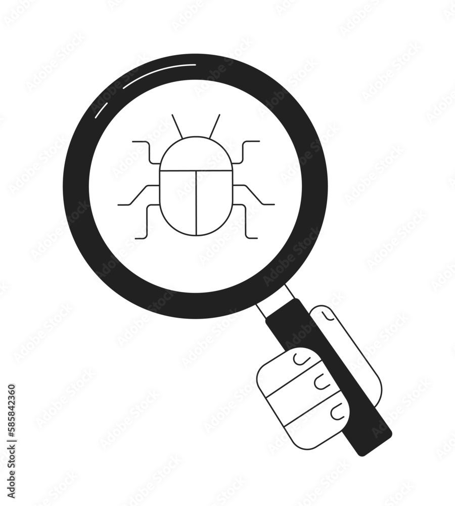 Poster finding bugs in code black and white concept vector spot illustration. editable 2d flat monochrome c