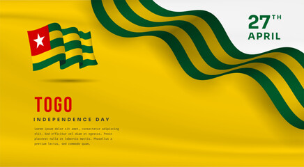 Banner illustration of Togo independence day celebration with text space. Waving flag and hands clenched. Vector illustration.