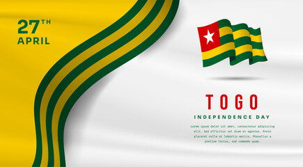 Banner illustration of Togo independence day celebration with text space. Waving flag and hands clenched. Vector illustration.