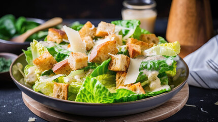 A vegan Caesar salad with homemade dressing and croutons - Generative AI - obrazy, fototapety, plakaty
