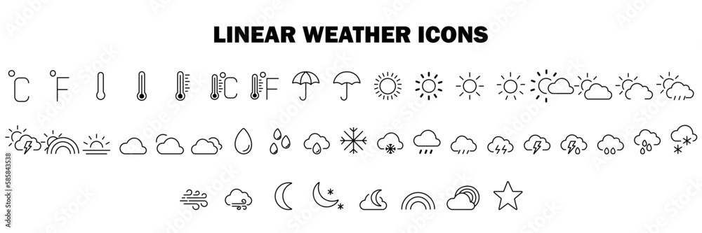 Wall mural set of icons on the theme collection of linear weather icons, state of weather conditions, weather g