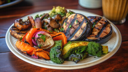 A plate of grilled portobello mushrooms with a side of roasted vegetables - Generative AI