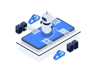 Chatbots in healthcare for improved patient engagement and communication. Artificial intelligence in healthcare isometric illustration.