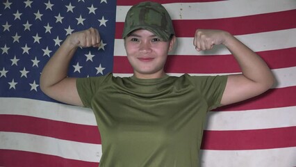 Strong Asian Woman Flexing Muscles With Usa Flag