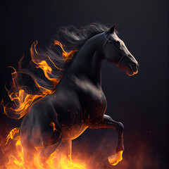 Flaming horse on black background. Generative AI - obrazy, fototapety, plakaty
