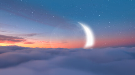 Abstract background with Crescent moon over the clouds with many stars at sunset