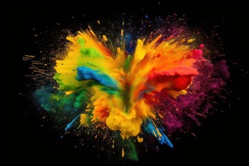 Colourful paint splashes in the shape of a love heart, Coloured powder explosion. Paint holi, Mix rainbow splash on isolated colourful background - Generative AI Illustration