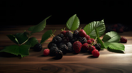berries and leaves on a wooden table, generative AI