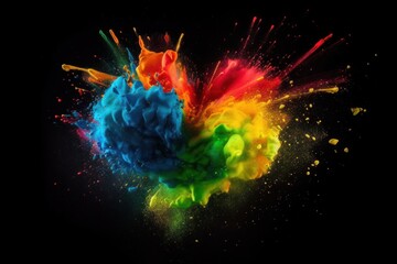 Colourful paint splashes in the shape of a love heart, Coloured powder explosion. Paint holi, Mix rainbow splash on isolated black background - Generative AI Illustration