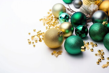 Christmas festive gold and green ornament decoration on white background. Generative AI