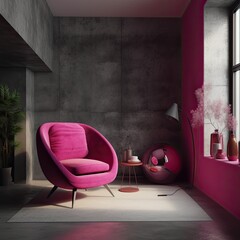 2023 Shades of Magenta: Modern Living Room Interior Design Illustrated in Pantone 18-1750 Viva Magenta. Generative AI