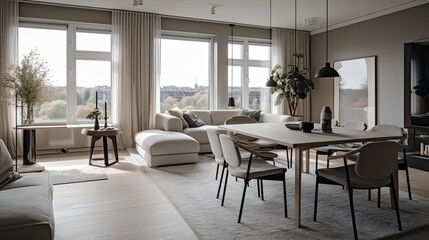 At Ease in a Modern Scandinavian Pad: Elegant Beige Sofa, Sleek Dining Table, Indoor Potted Plants, Generative AI