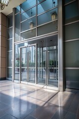 Modern Entrance to Luxurious Business Office Building: Glasses Door, Interior Window and Lobby Hall, Generative AI