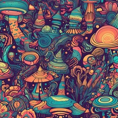 Psychedelic Vibes: A Retro Futuristic Seamless Abstract Pattern with Cosmic Colours: Generative AI
