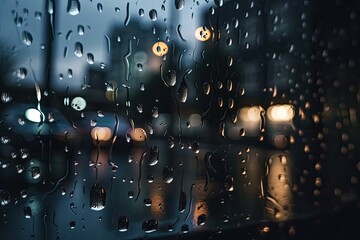 Romantic Black Rainy Night: Bokeh Lights Peeking Through Wet Dirty Glasses with Selective Focus. Generative AI