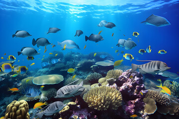 a large group of fish swimming over a coral reef