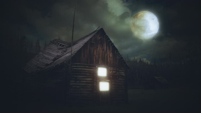 Moonlight Wooden Hut Dark Forest Spooky Full Moon. Full moon on a cloudy sky above a wooden hut in a dark forest, eerie scene