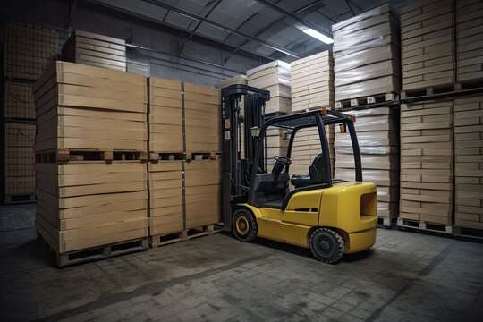 Large Warehouse Working: Forklift Hauling Shipping Crates and Boxes on Pallets: Generative AI