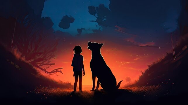 Mysterious Fantasy Painting: A Young Girl and Her Pet Standing Against a Glowing Acrylic Artwork Background: Generative AI