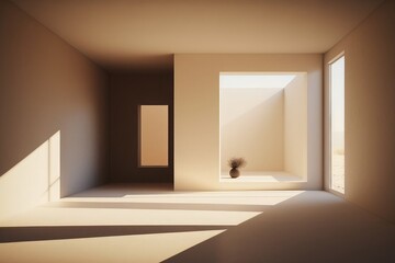 Fototapeta na wymiar Minimalistic beige room with sunlight, a plant in the corner, empty room with a window Generative AI