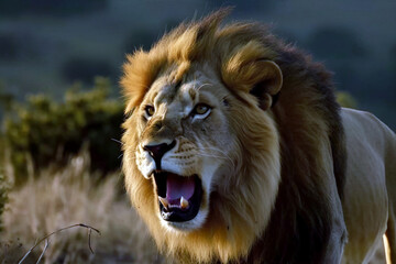 close up portrait of a male lion roaring in africa. generative Ai