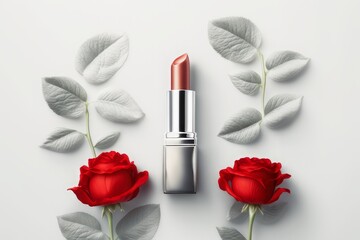 Obraz na płótnie Canvas Beautiful red lipstick in silver tube and rose flowers on white background Generative AI