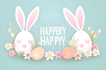 Fototapeta na wymiar a happy easter card with bunny ears and flowers