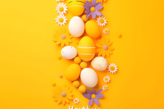 a happy easter card with eggs and flowers on a yellow background