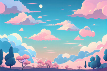 Blue and pink landscape with clouds and trees background. Generative AI