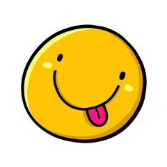 Happy yellow smiley face. Smile sticking out tongue. Cartoon funny hand drawn.