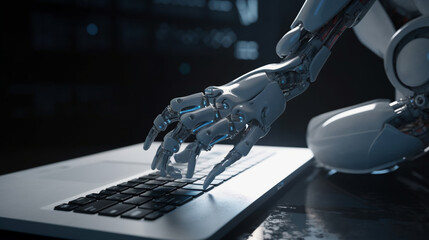 ノートパソコンで入力するロボットアームAI人口知能イメージ