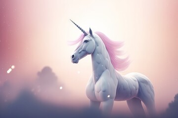 Plakat a white unicorn with a pink mane standing in a field with trees and a pink sky in the background with a pink and blue hue. generative ai